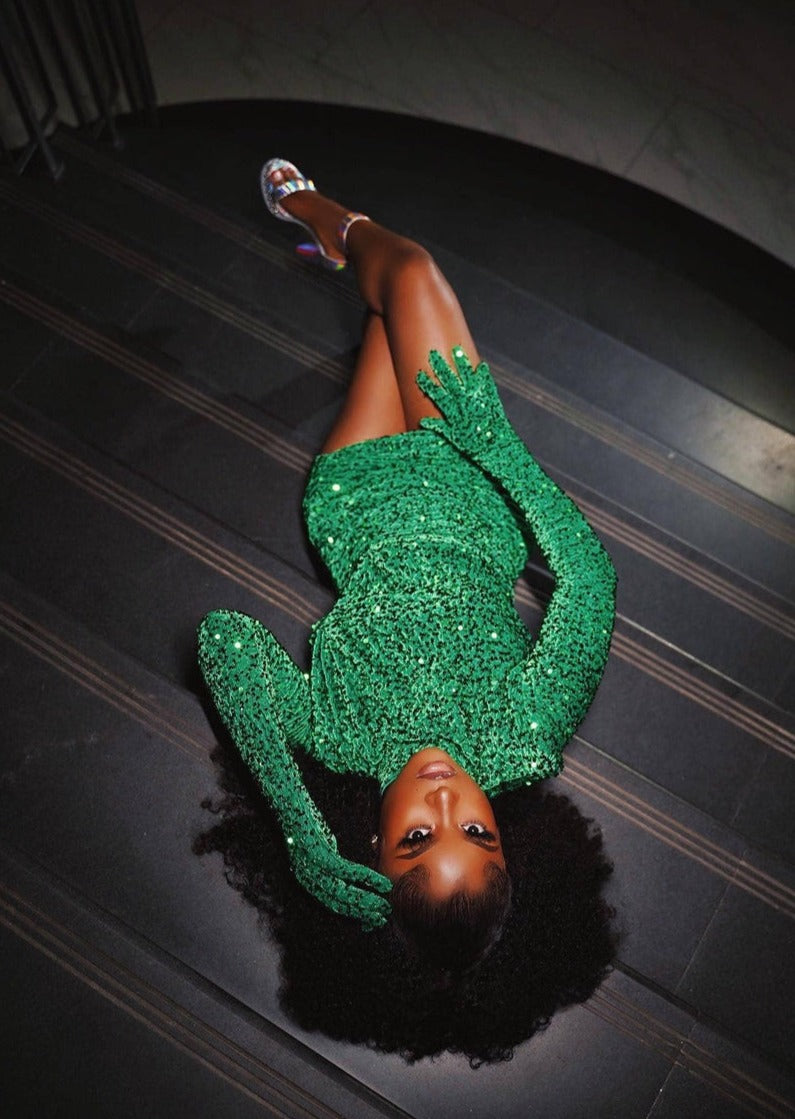 green dress with gloves Emerald Dress with Gloves