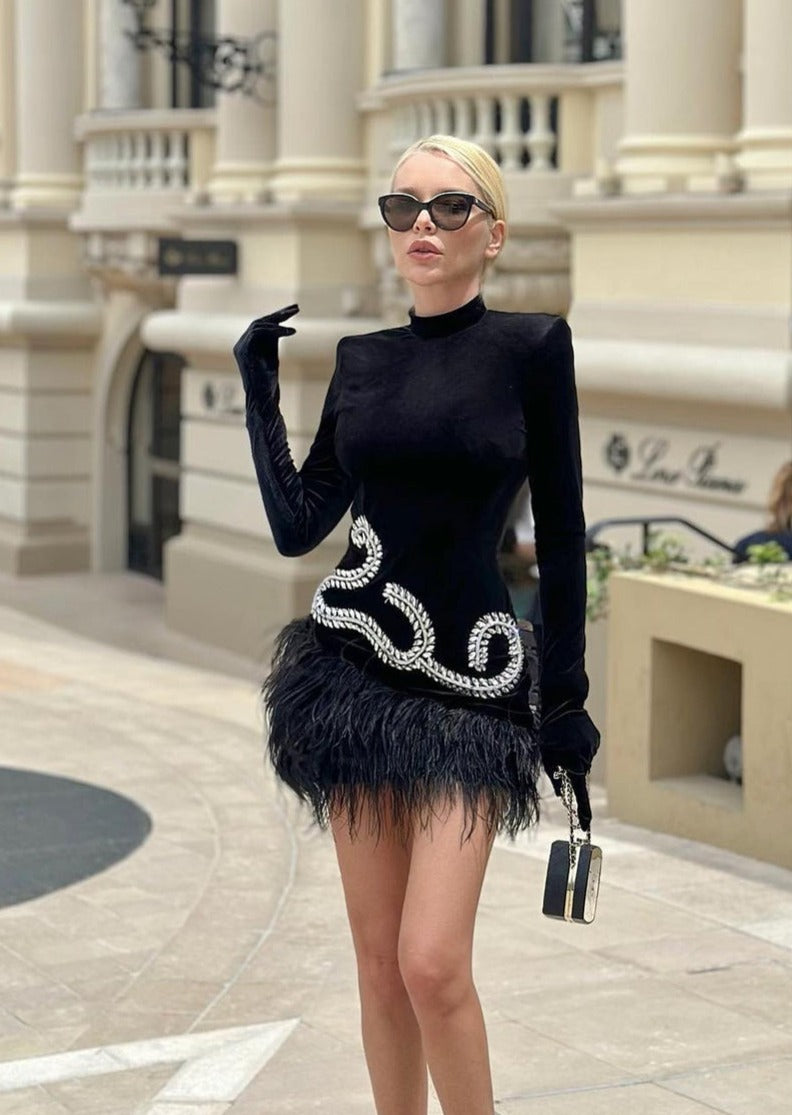 Black Velvet Mini Dress with Glove Sleeves Marssiana Black Velvet Mini Dress with Glove Sleeves Marssiana