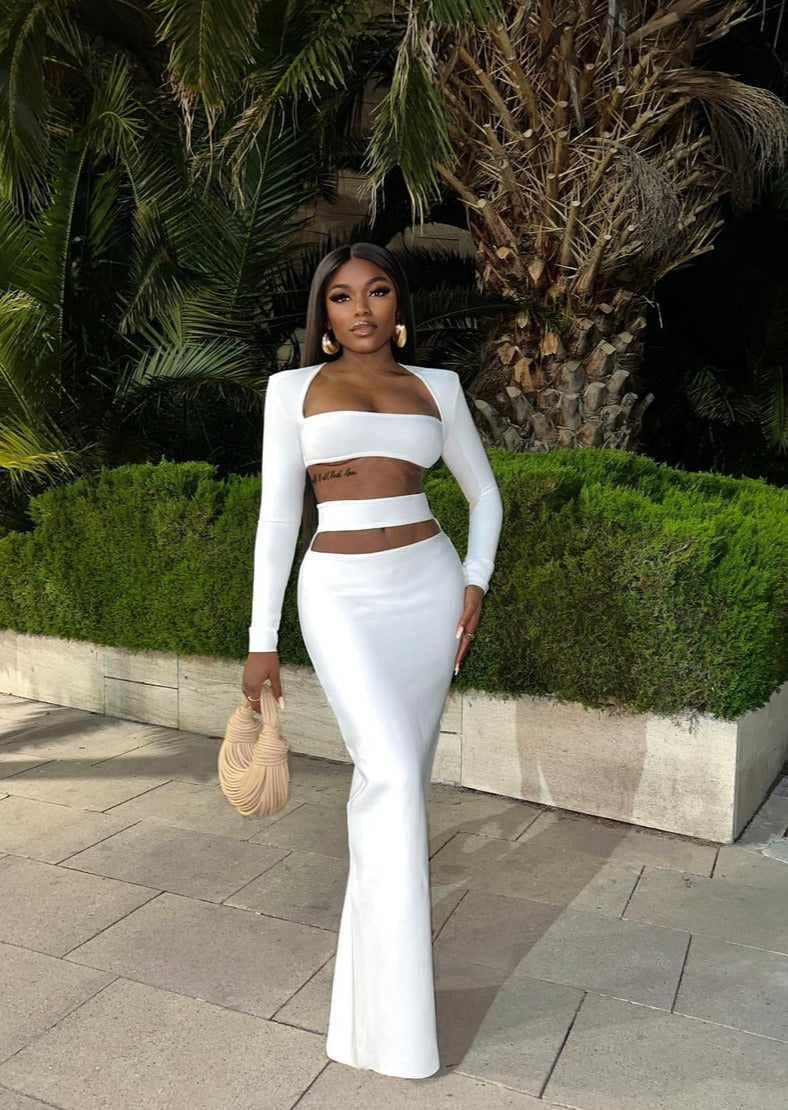 Cut-Out White Two-Piece Set with Tight Maxi Skirt Marssiana Cut-Out White Two-Piece Set with Tight Maxi Skirt Marssiana