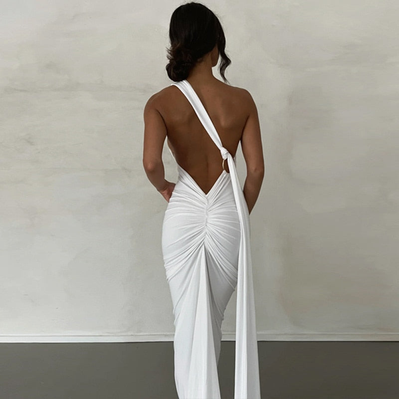 White Draped Maxi Dress with Asymmetrical Neckline