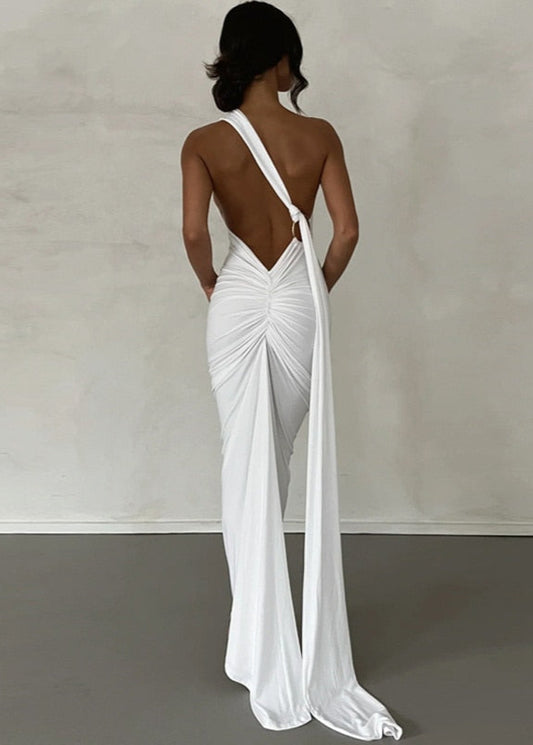 White Draped Maxi Dress with Asymmetrical Neckline