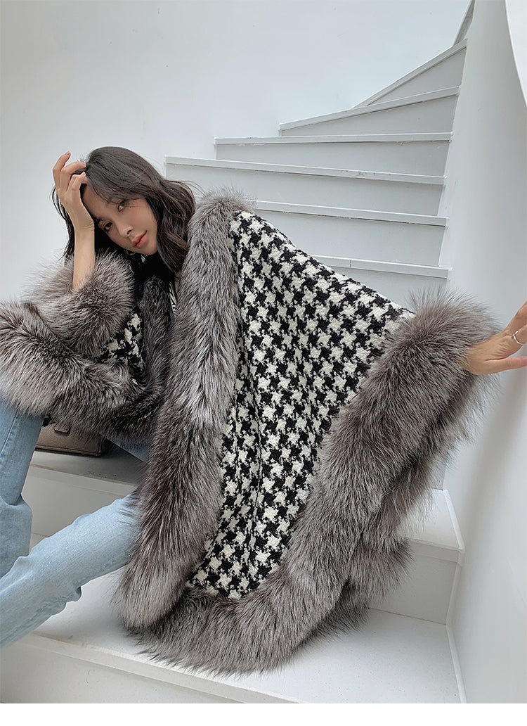 Fox Fur Trimmed Houndstooth Poncho