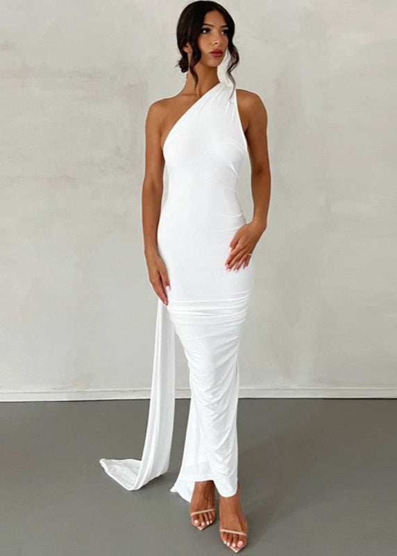 White Draped Maxi Dress with Asymmetrical Neckline