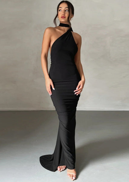 Praia | Black Asymmetric-Neck Maxi Dress With Sash and Draped Detailing
