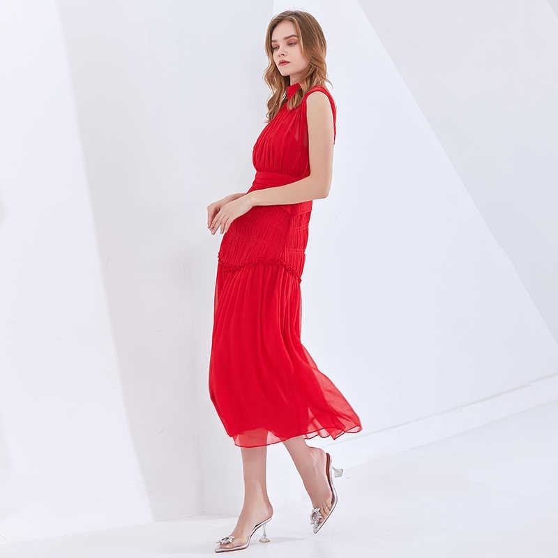 Red Long Chiffon Dress With Gathers