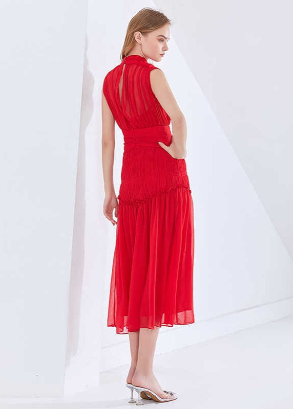 Red Long Chiffon Dress With Gathers