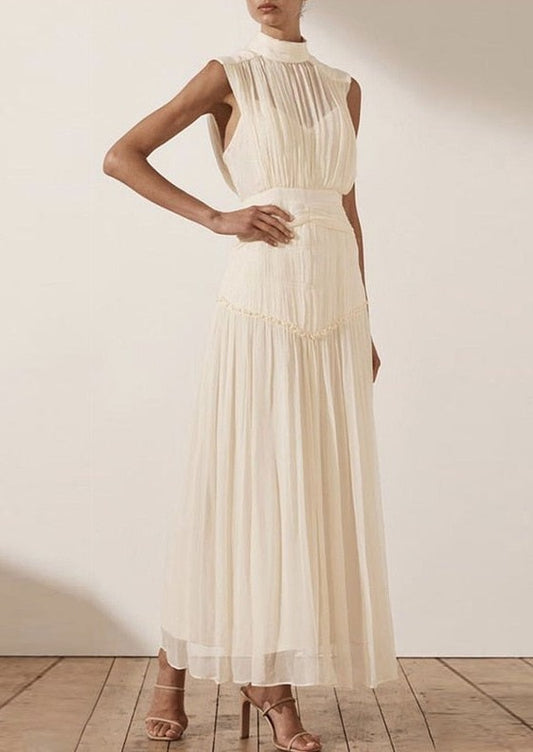 White Long Chiffon Dress With Gathers