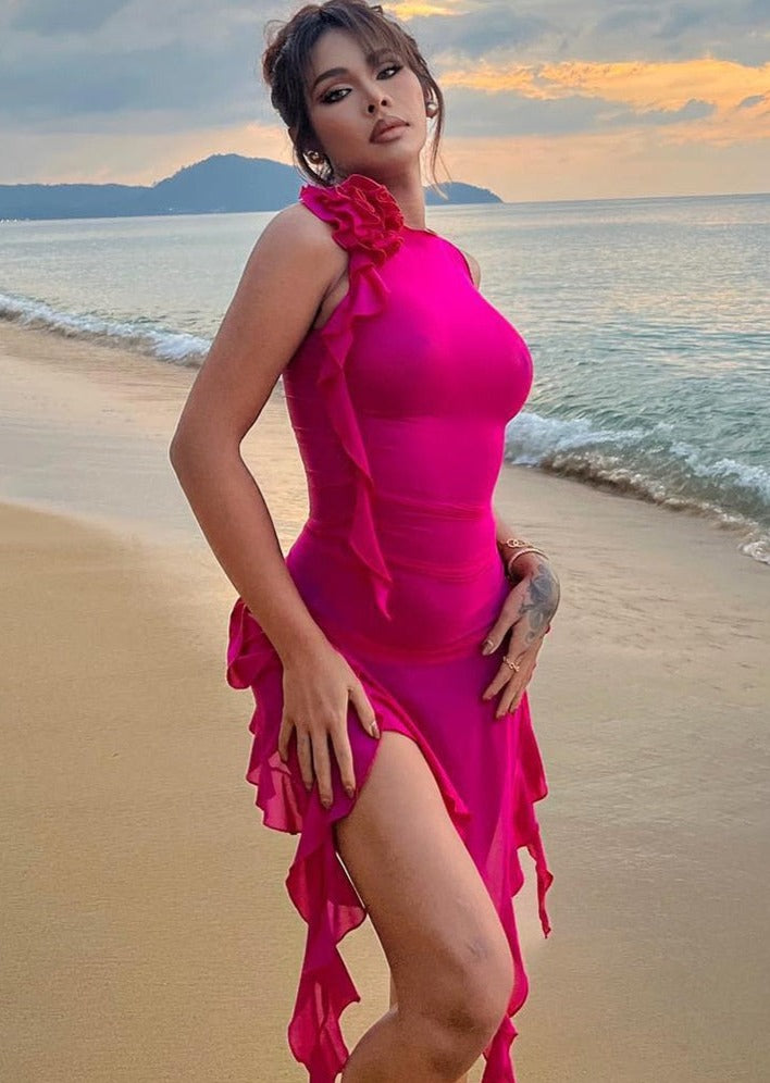 pink dress transparent Pretty 3D Pink Floral Transparent Organza Maxi Dress