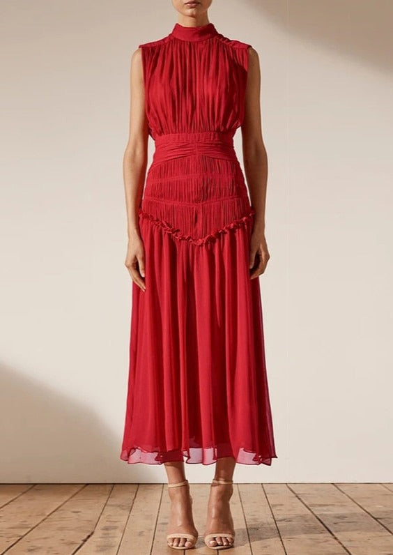 Red Long Chiffon Dress With Gathers