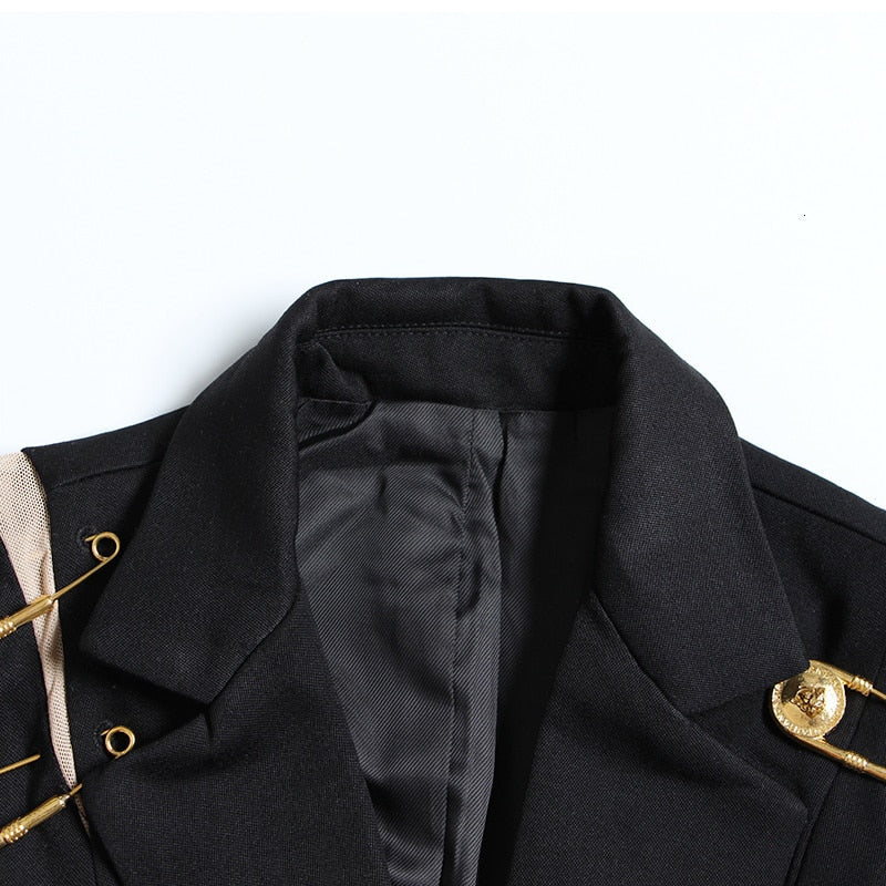 Black Blazer With Golden Safety Pin Trims
