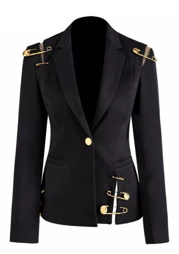 Black Blazer With Golden Safety Pin Trims
