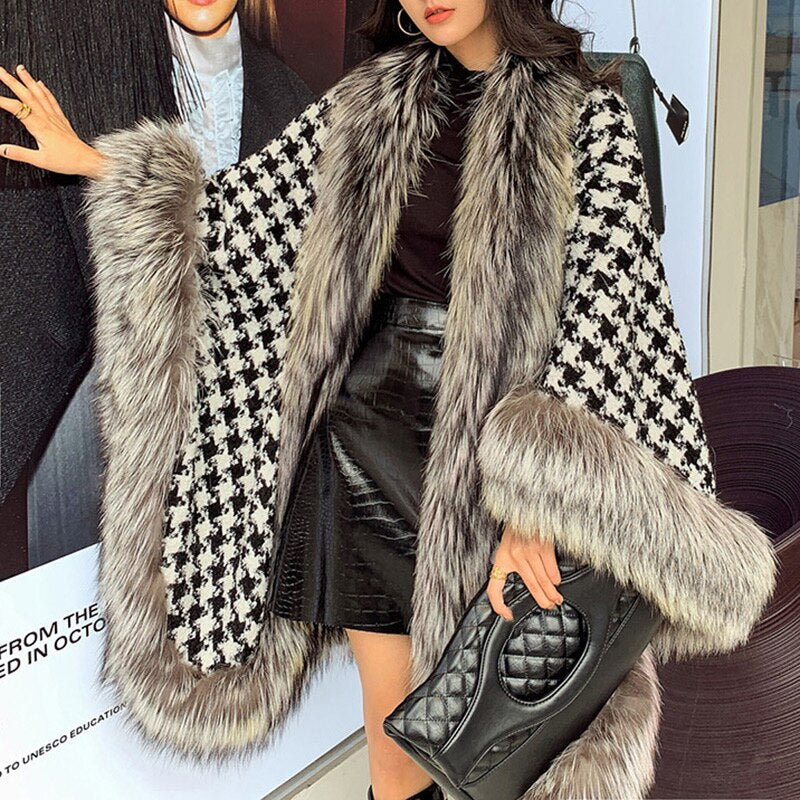 Fox Fur Trimmed Houndstooth Poncho