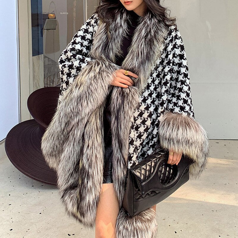 Fox Fur Trimmed Houndstooth Poncho