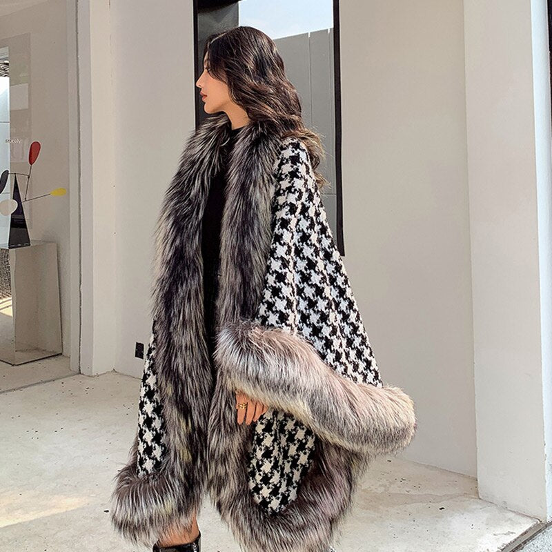 Fox Fur Trimmed Houndstooth Poncho