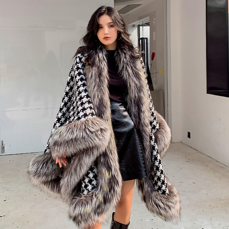 Fox Fur Trimmed Houndstooth Poncho