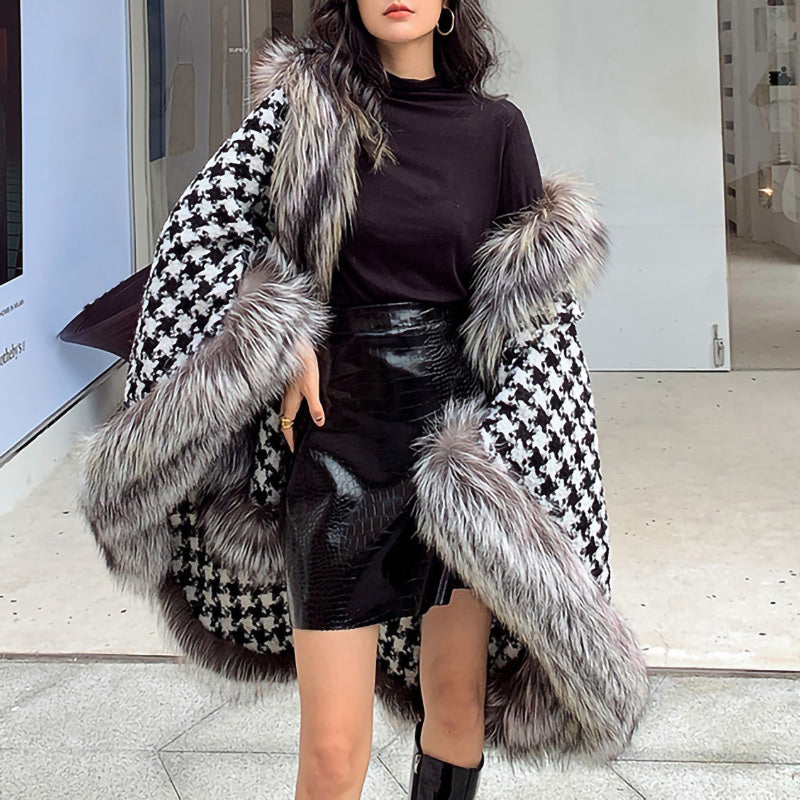 Fox Fur Trimmed Houndstooth Poncho