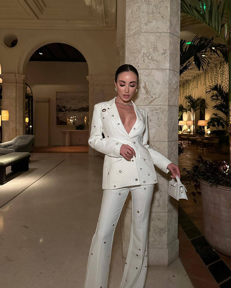 Fitted White Suit with Flared Trousers