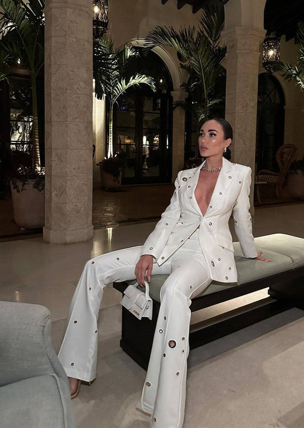 Fitted White Suit with Flared Trousers