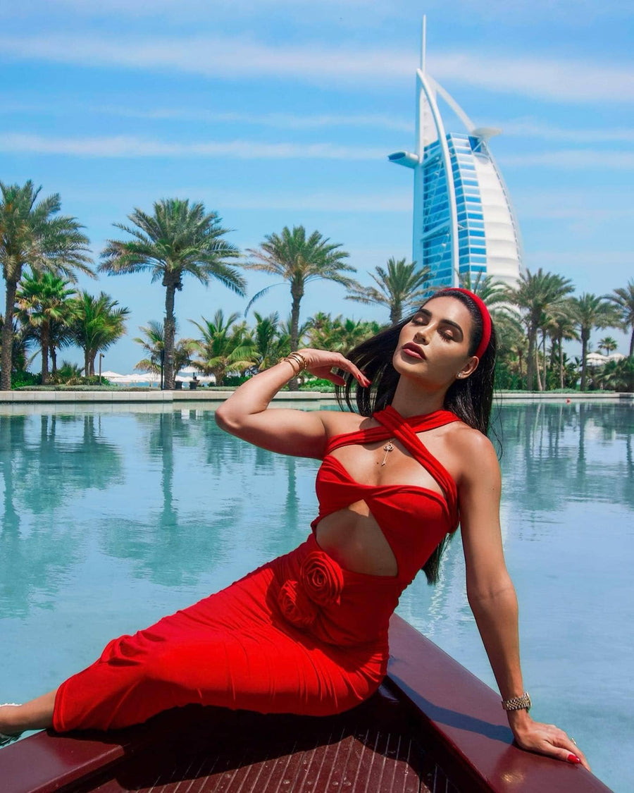 Red Maxi Dress with Cutouts and Flowers