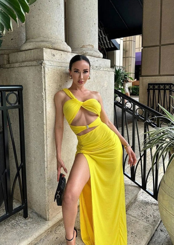 Yellow One-Shoulder Maxi Dress with Cutouts