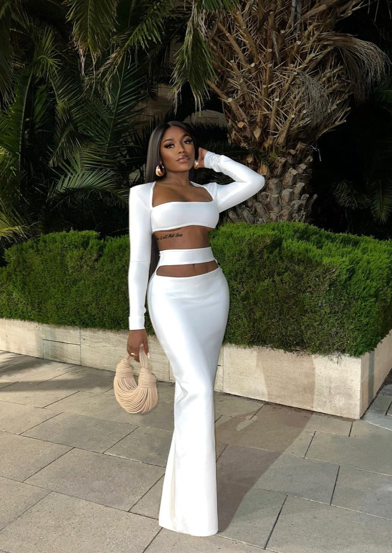 Cut-Out White Two-Piece Set with Tight Maxi Skirt – Marssiana