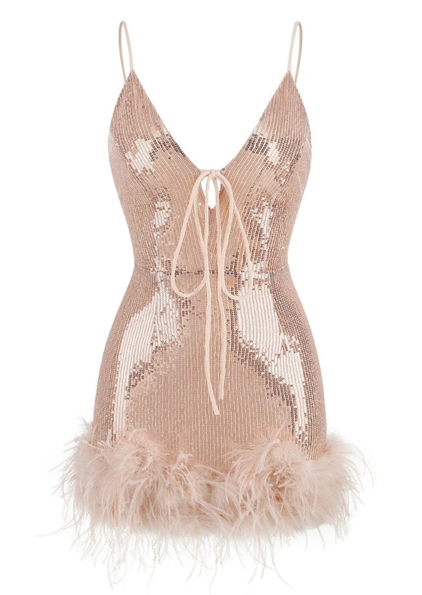 Beige Sequined Mini Dress with Feathers