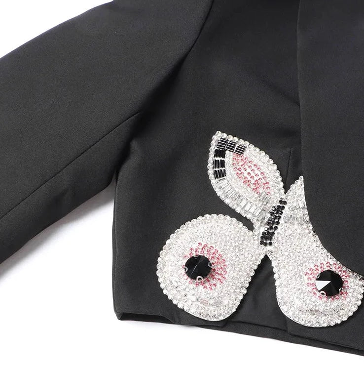 Black Crop Suit with Rhinestone Butterflies