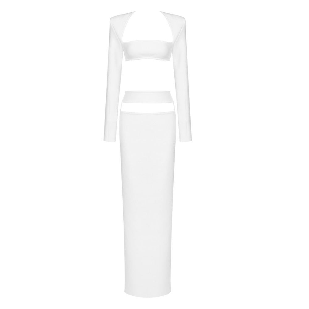 Cut-Out White Two-Piece Set with Tight Maxi Skirt