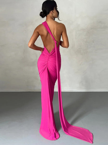 Pink Draped Maxi Dress with Asymmetrical Neckline