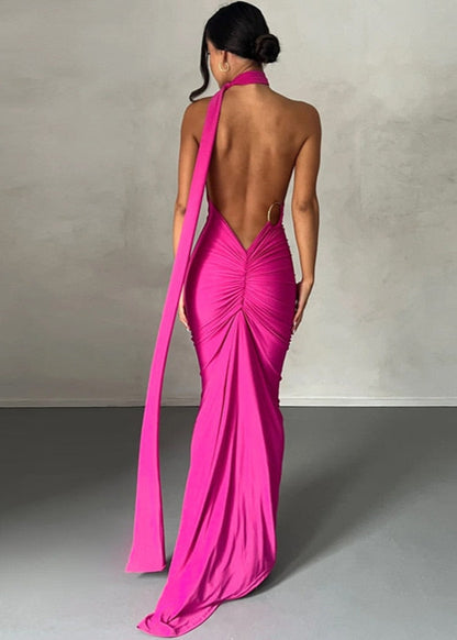 Pink Draped Maxi Dress with Asymmetrical Neckline