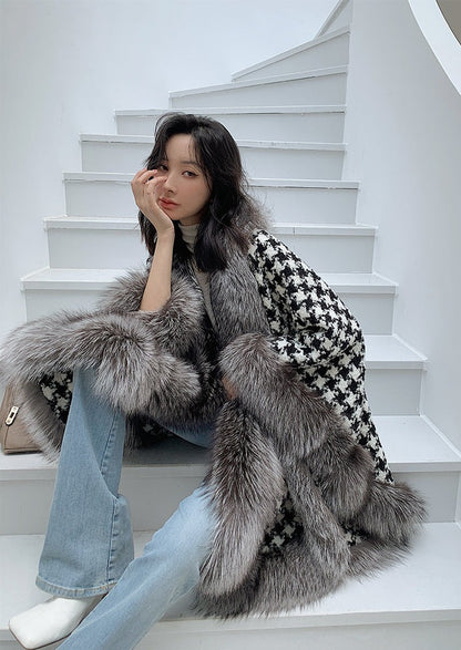 Fox Fur Trimmed Houndstooth Poncho