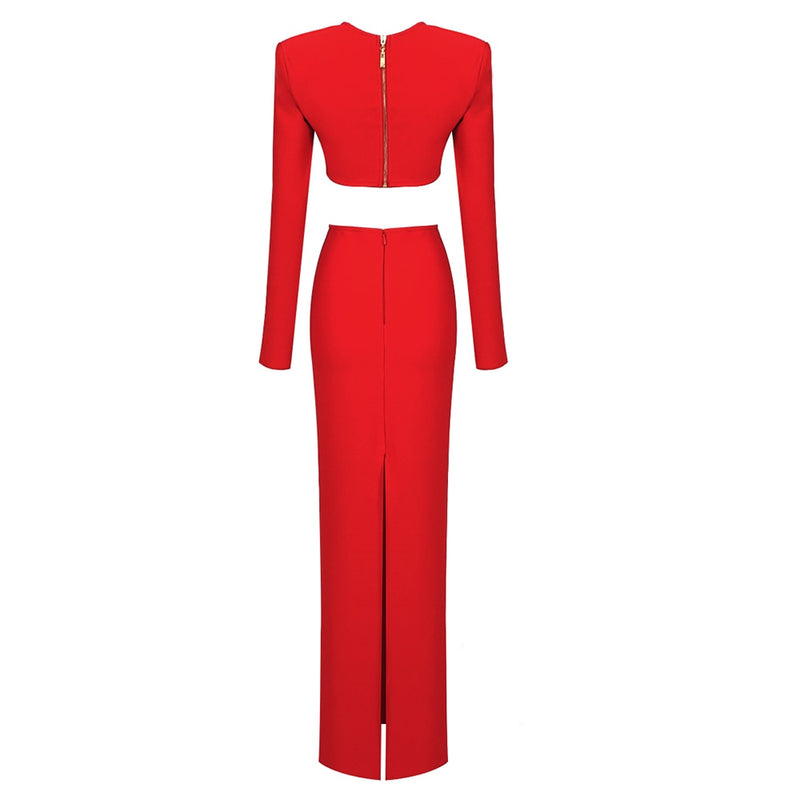 Cut-Out Red Two-Piece Set with Tight Maxi Skirt