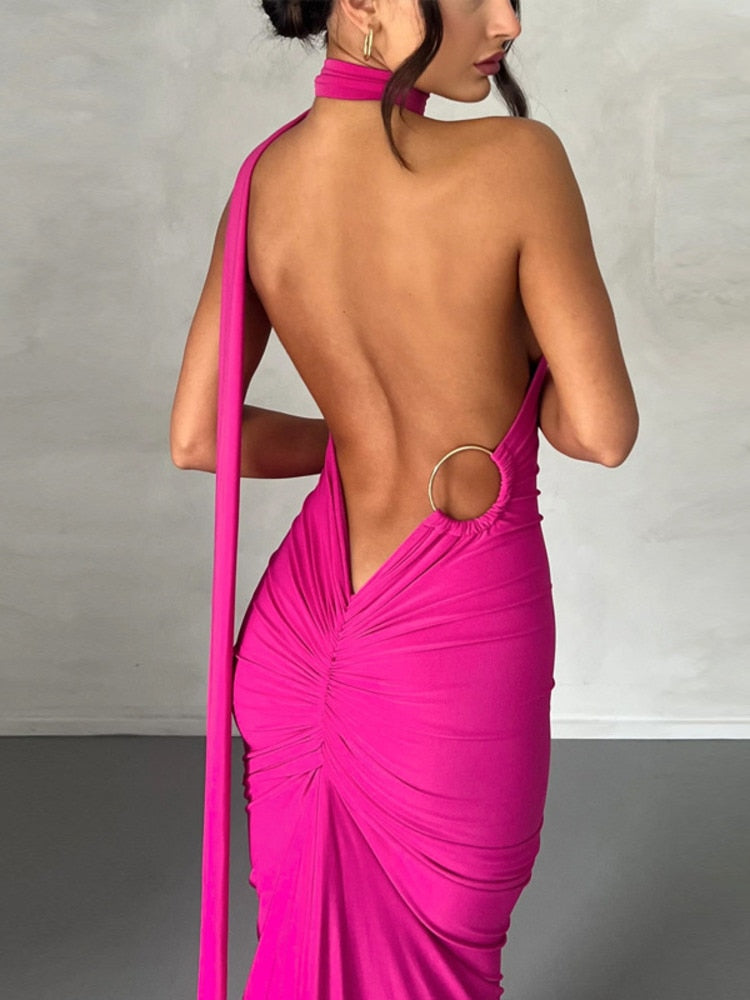 Pink Draped Maxi Dress with Asymmetrical Neckline