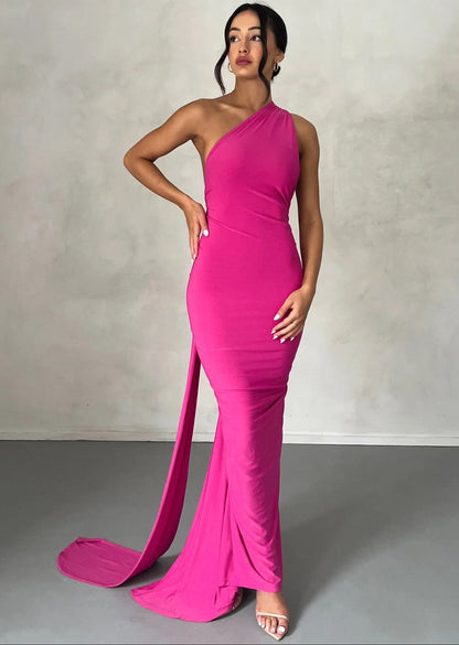 Pink Draped Maxi Dress with Asymmetrical Neckline