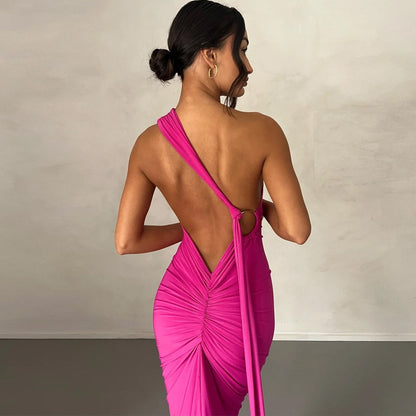 Pink Draped Maxi Dress with Asymmetrical Neckline