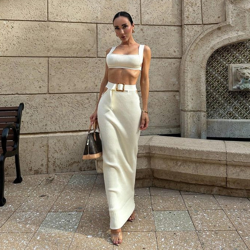 Knitted Maxi Skirt with Belt and Crop Top