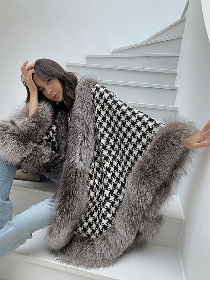 Fox Fur Trimmed Houndstooth Poncho