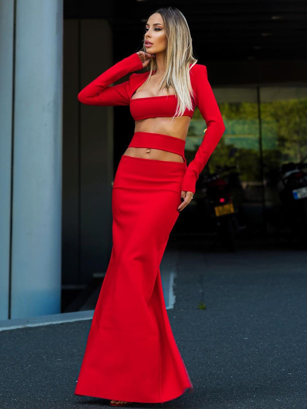 Cut-Out Red Two-Piece Set with Tight Maxi Skirt