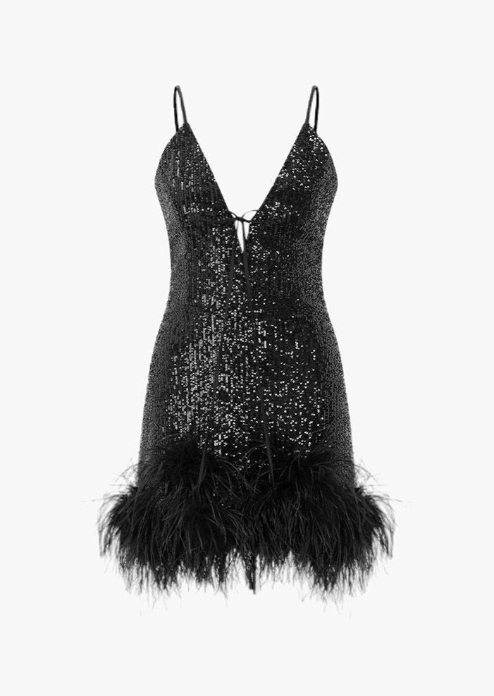 Black Sequined Mini Dress with Feathers