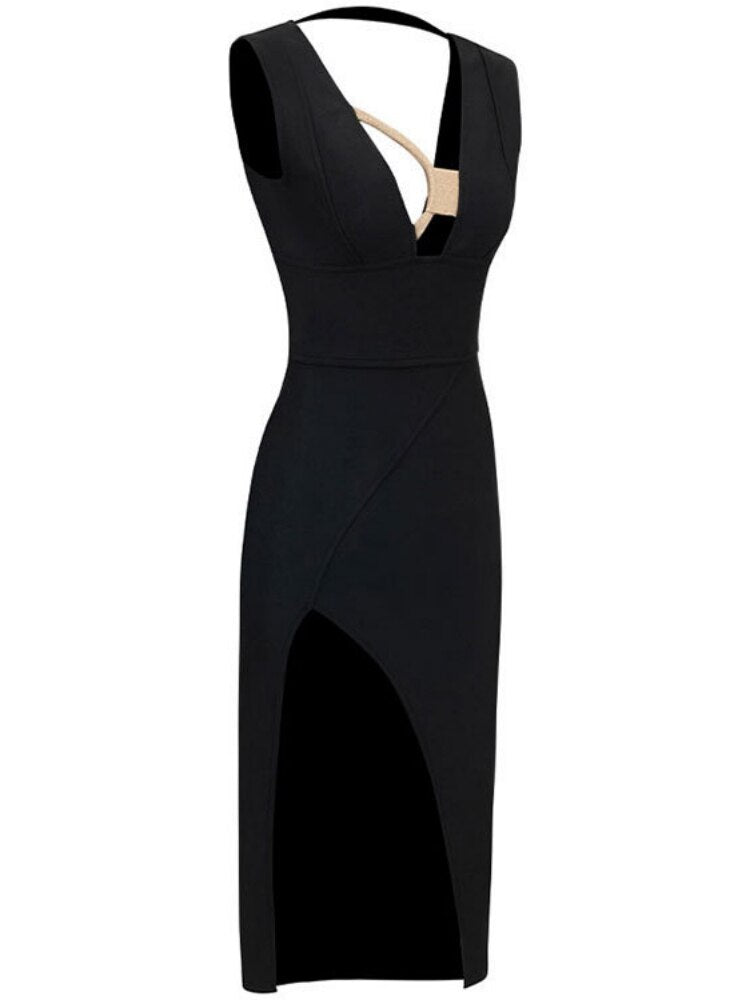 Black Slit Midi Dress with Deep Neckline