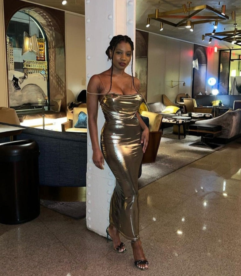 Form-Fitting Light Gold Maxi Dress