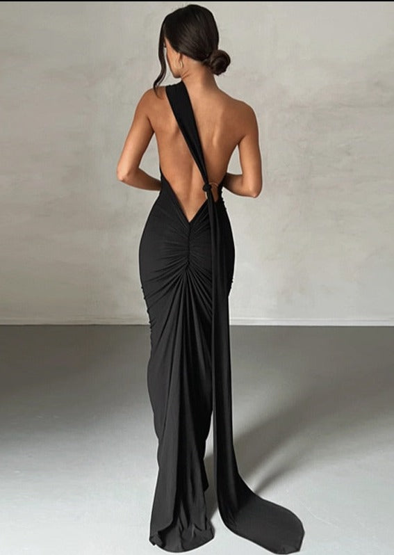 Draped Black Maxi Dress with Asymmetrical Neckline