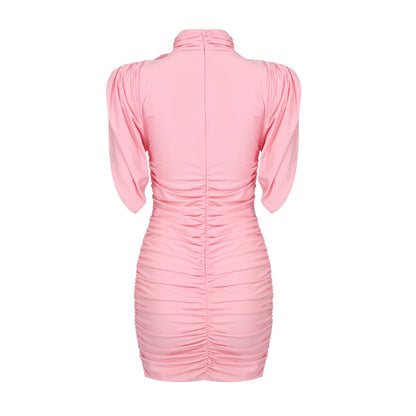 Ruffles Pink Mini Dress with Neck Flower