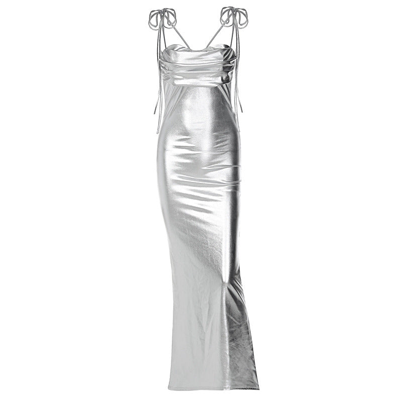 Form-Fitting Silver Maxi Dress