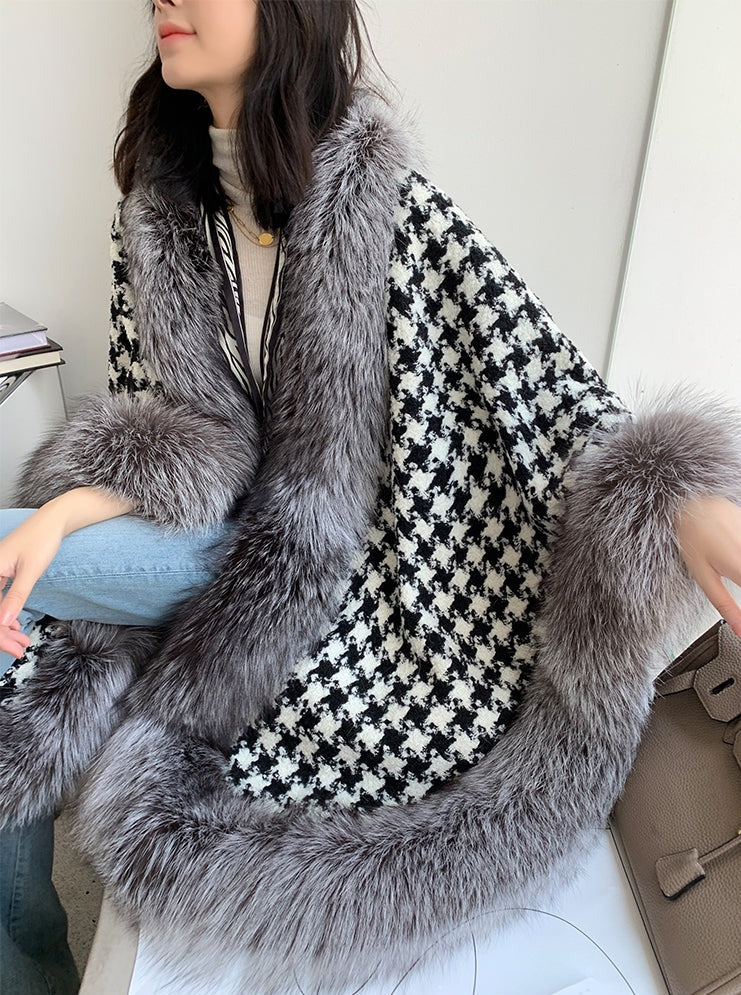 Fox Fur Trimmed Houndstooth Poncho