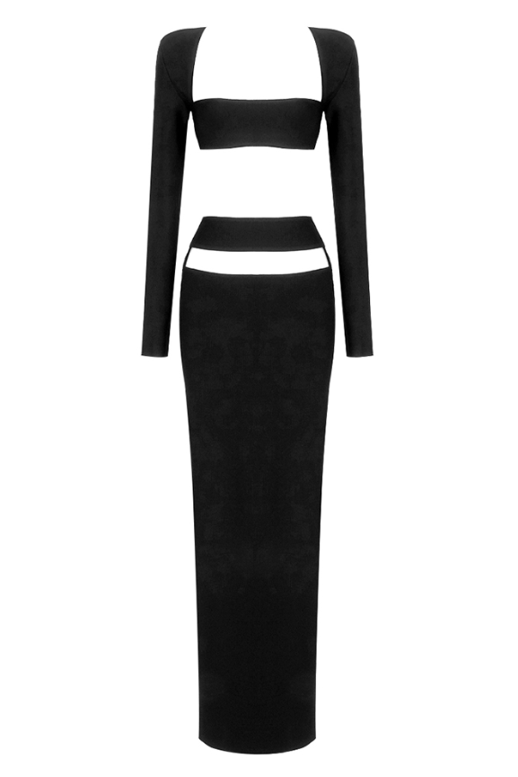 Cut-Outs Black Two-Piece Set with Tight Maxi Skirt