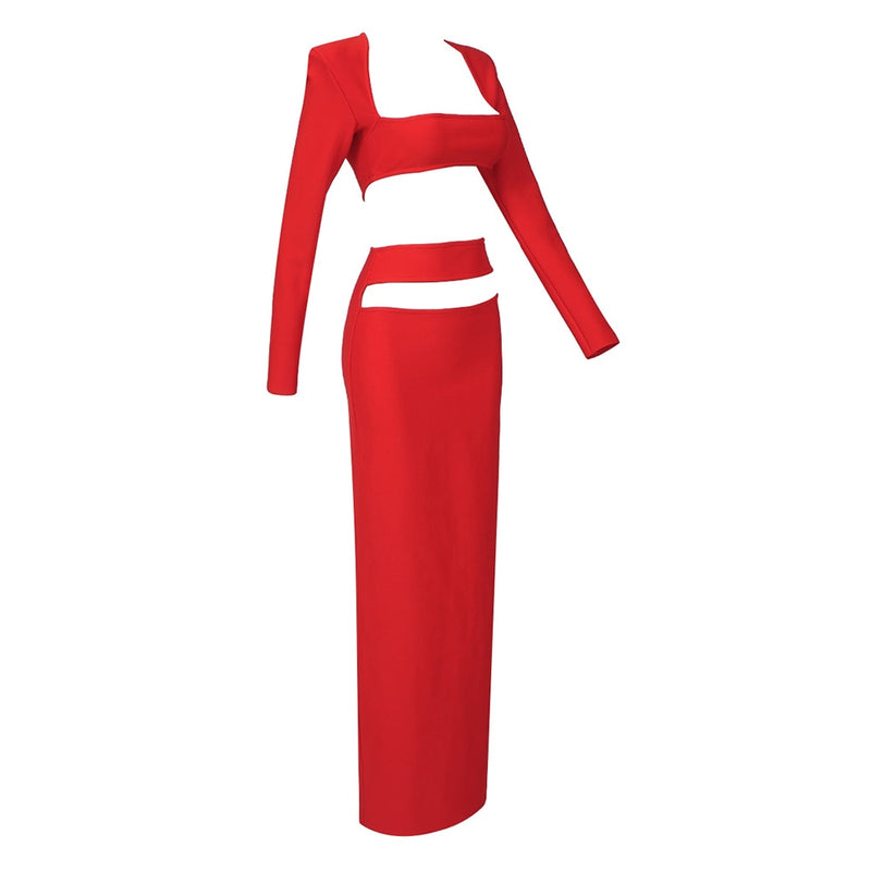 Cut-Out Red Two-Piece Set with Tight Maxi Skirt