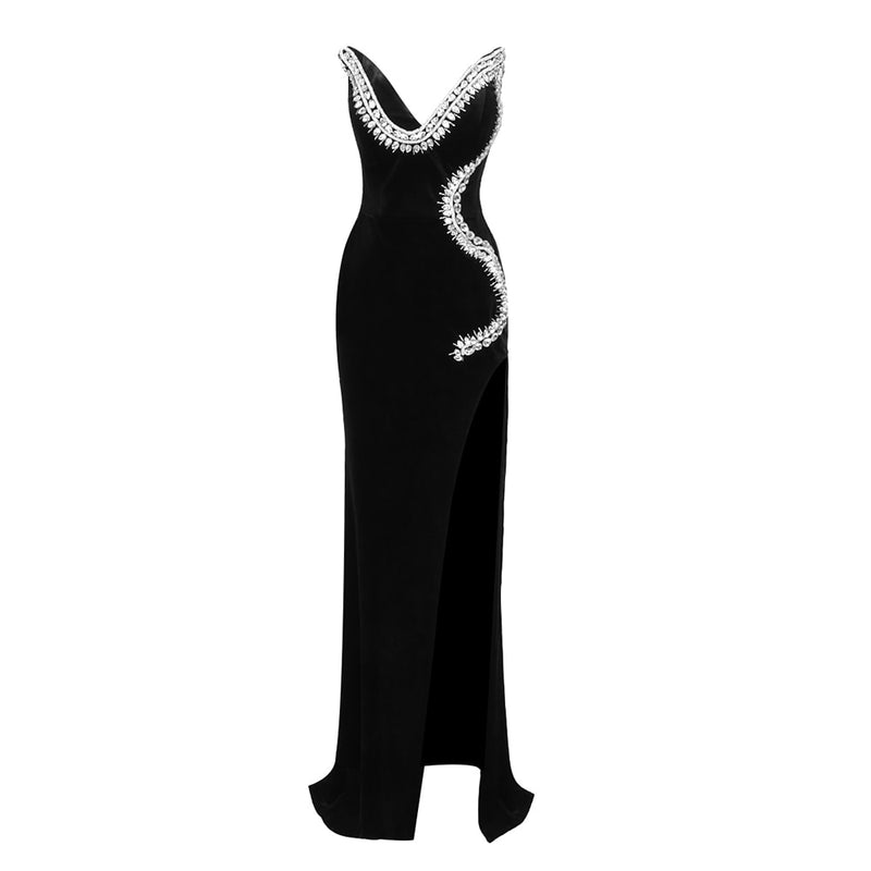 Black Velvet Dress with Slit and Open Shoulders