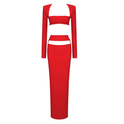 Cut-Out Red Two-Piece Set with Tight Maxi Skirt