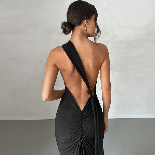 Women's Draped Black Maxi Dress with Neck Tie
